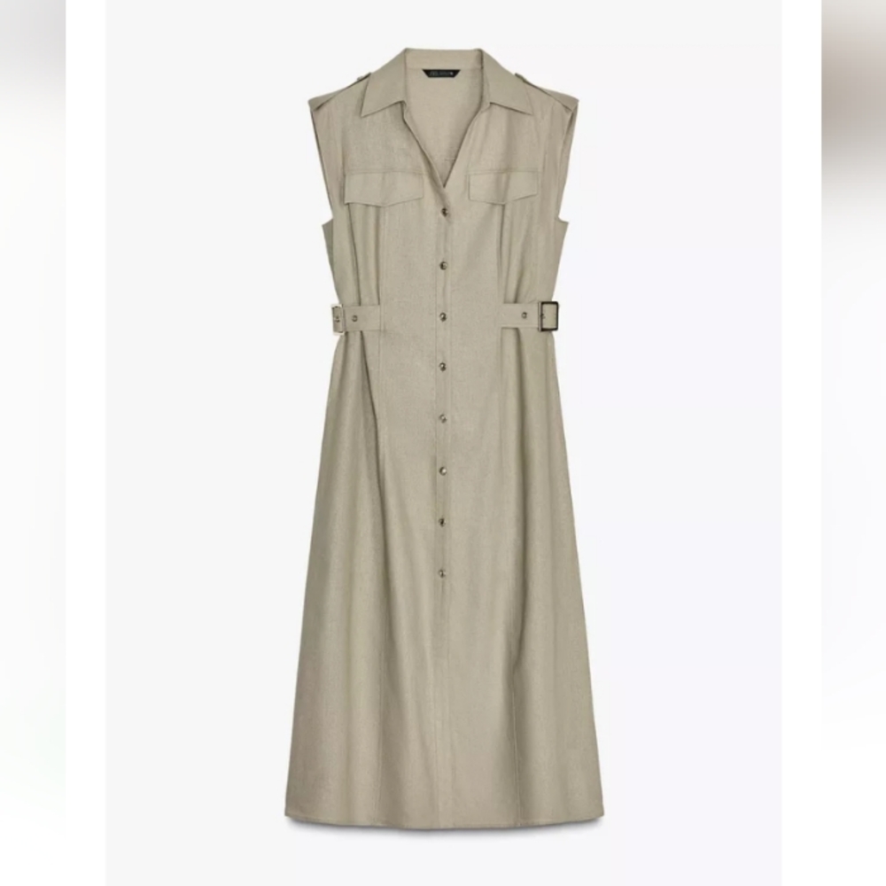 Zara Khaki Sleeveless Linen Blend Midi Dress